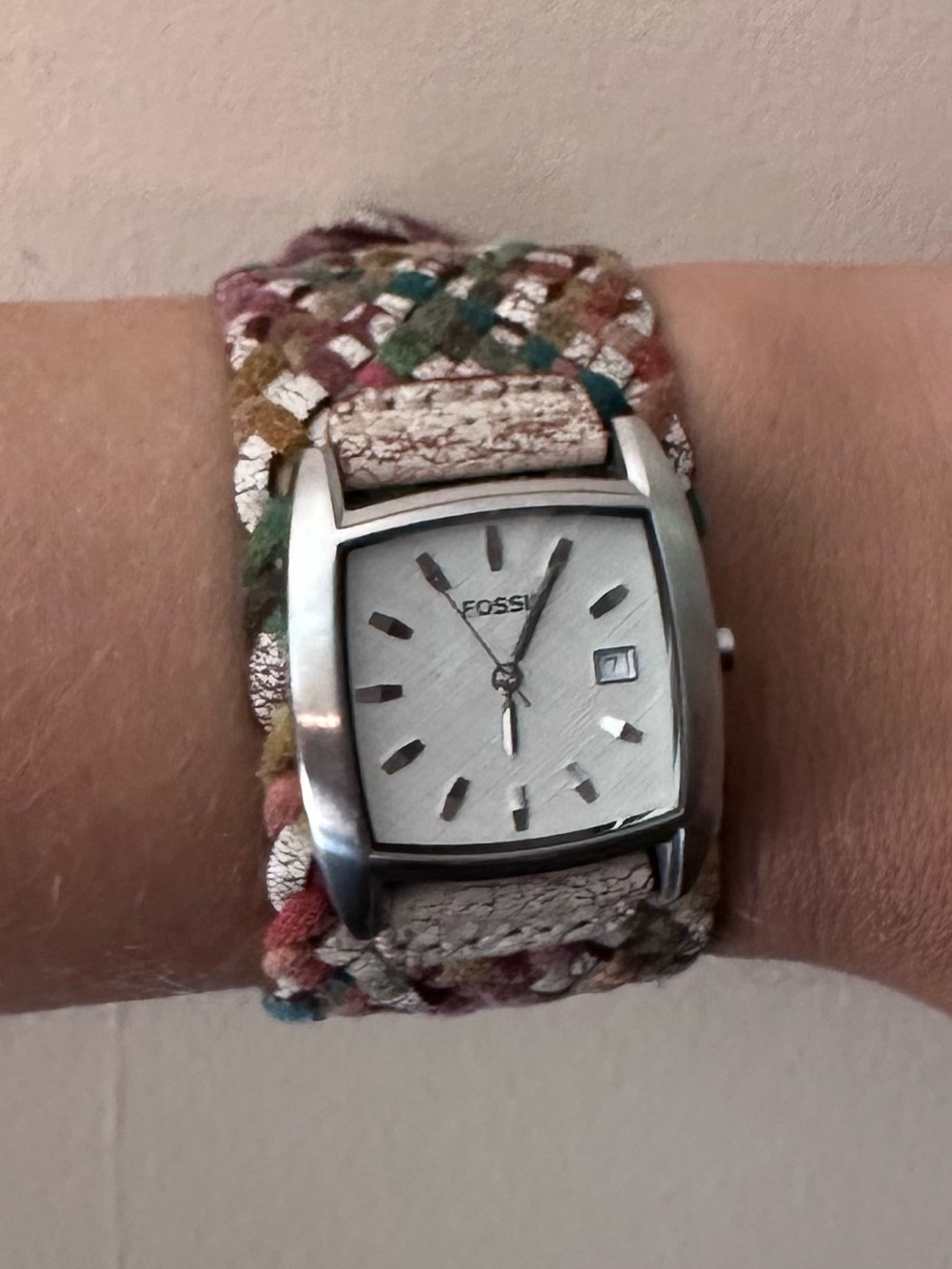 Vintage Fossil Chunky Cuff Watch | Multicolor Woven Leather Band | Boho 2000s